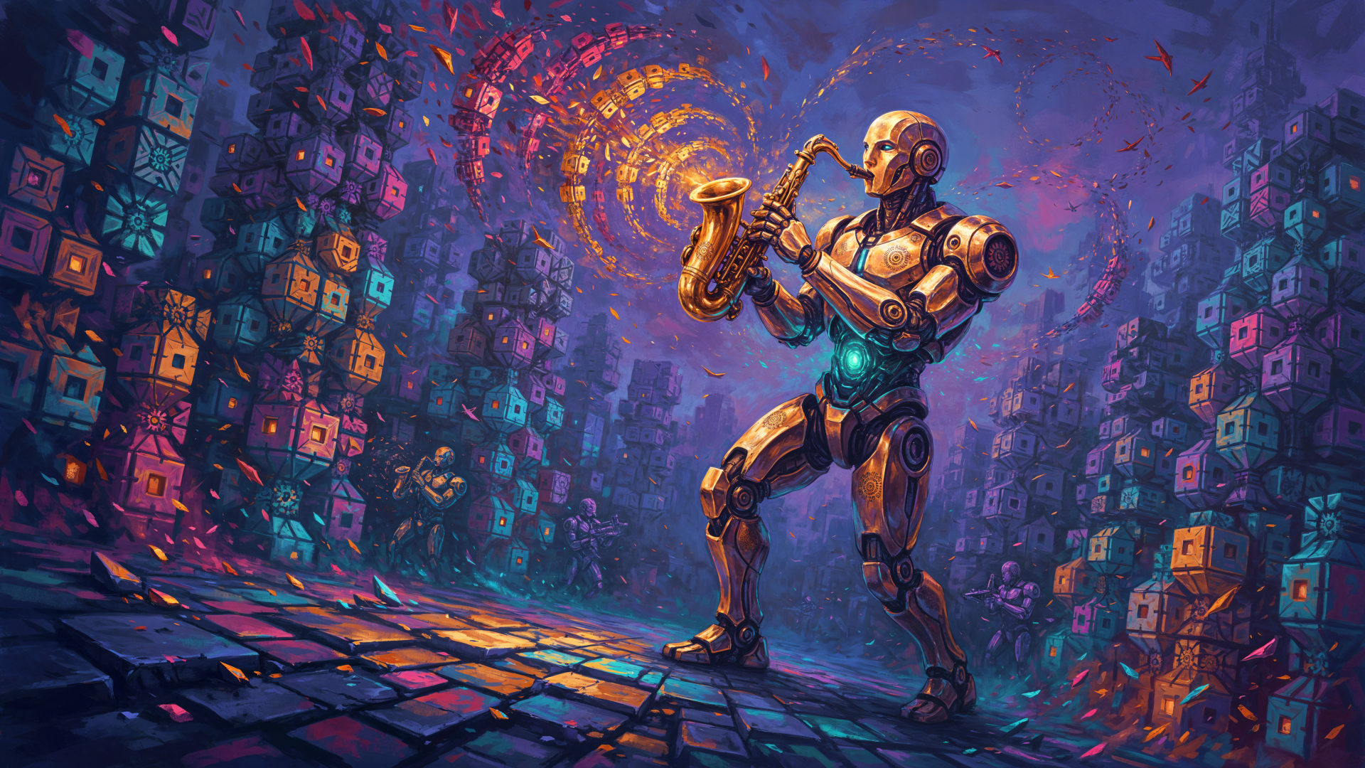 4K Ultra HD desktop wallpaper of a futuristic robot playing saxophone amid a vibrant neon cityscape.
