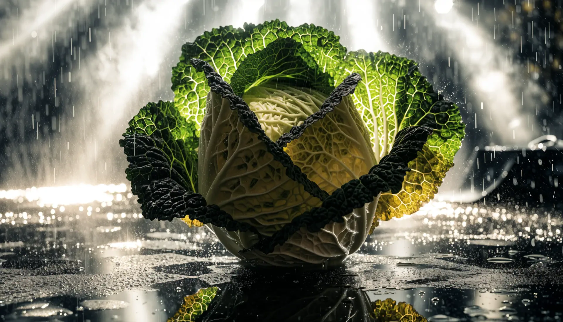 Dramatically lit cabbage vegetable in a rain-soaked scene, featured in a 4K Ultra HD PC desktop wallpaper and background.