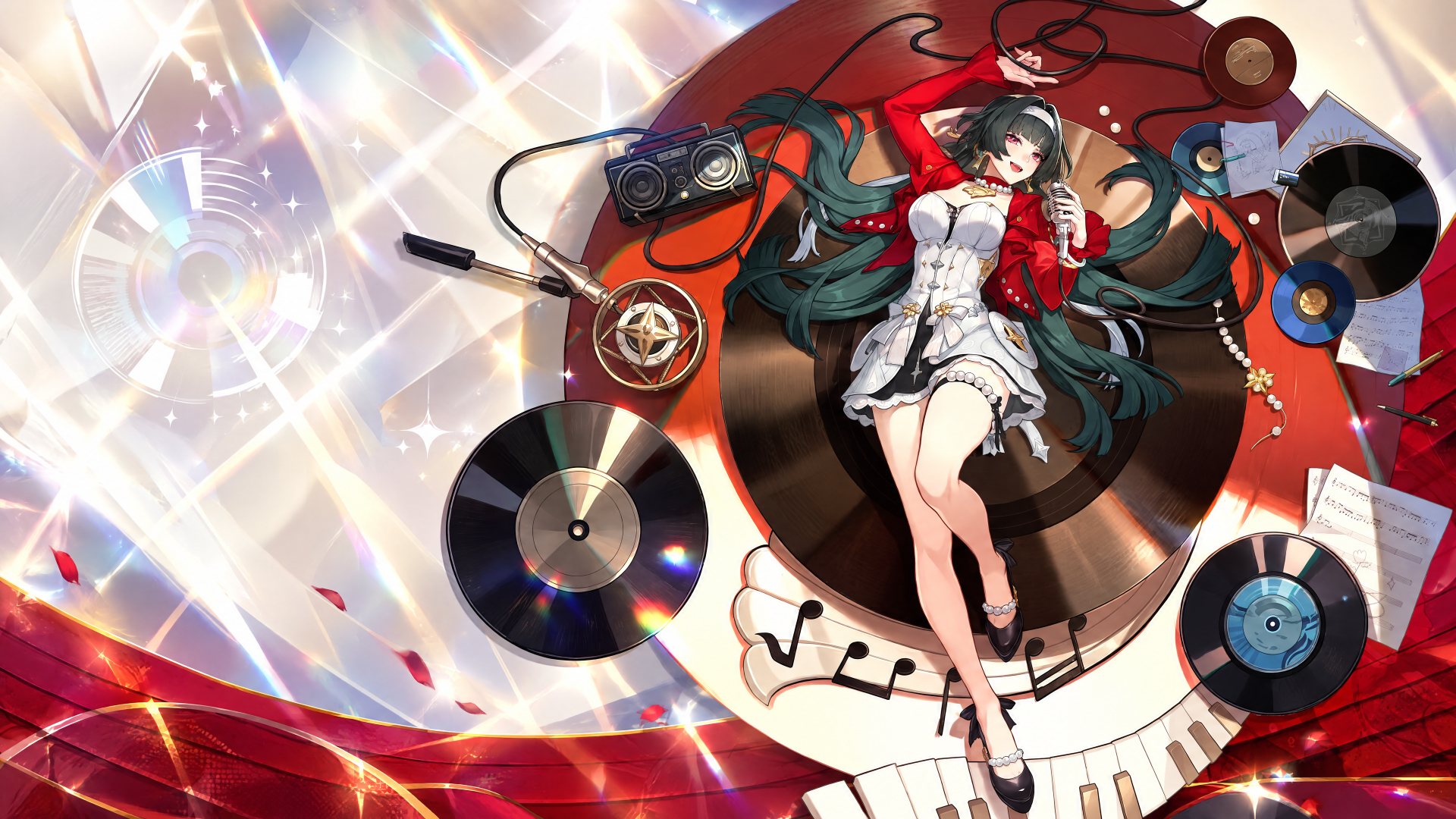 Astra Yao surrounded by vinyl records in a vibrant anime scene, 4K Ultra HD PC desktop wallpaper and background.
