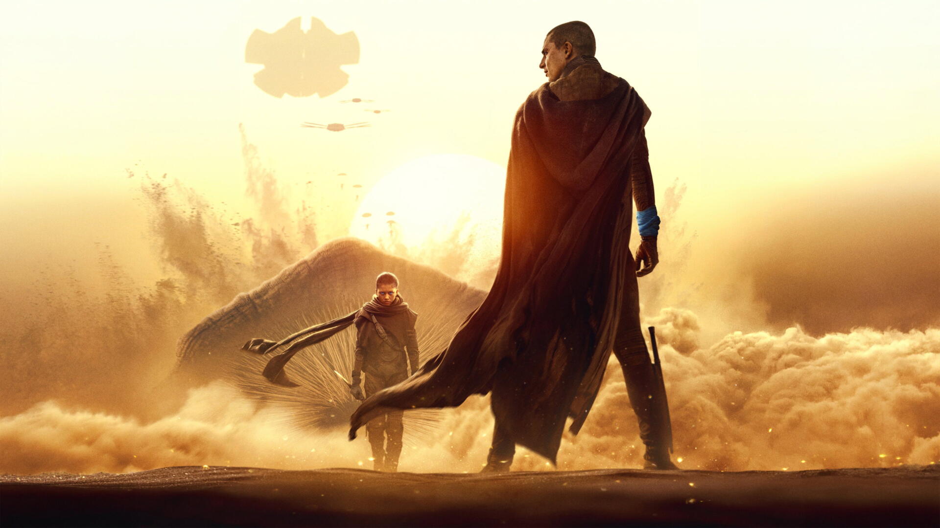 Dune: Part Three 4K Ultra HD PC desktop wallpaper featuring a cloaked figure and traveler in a vast, golden desert.