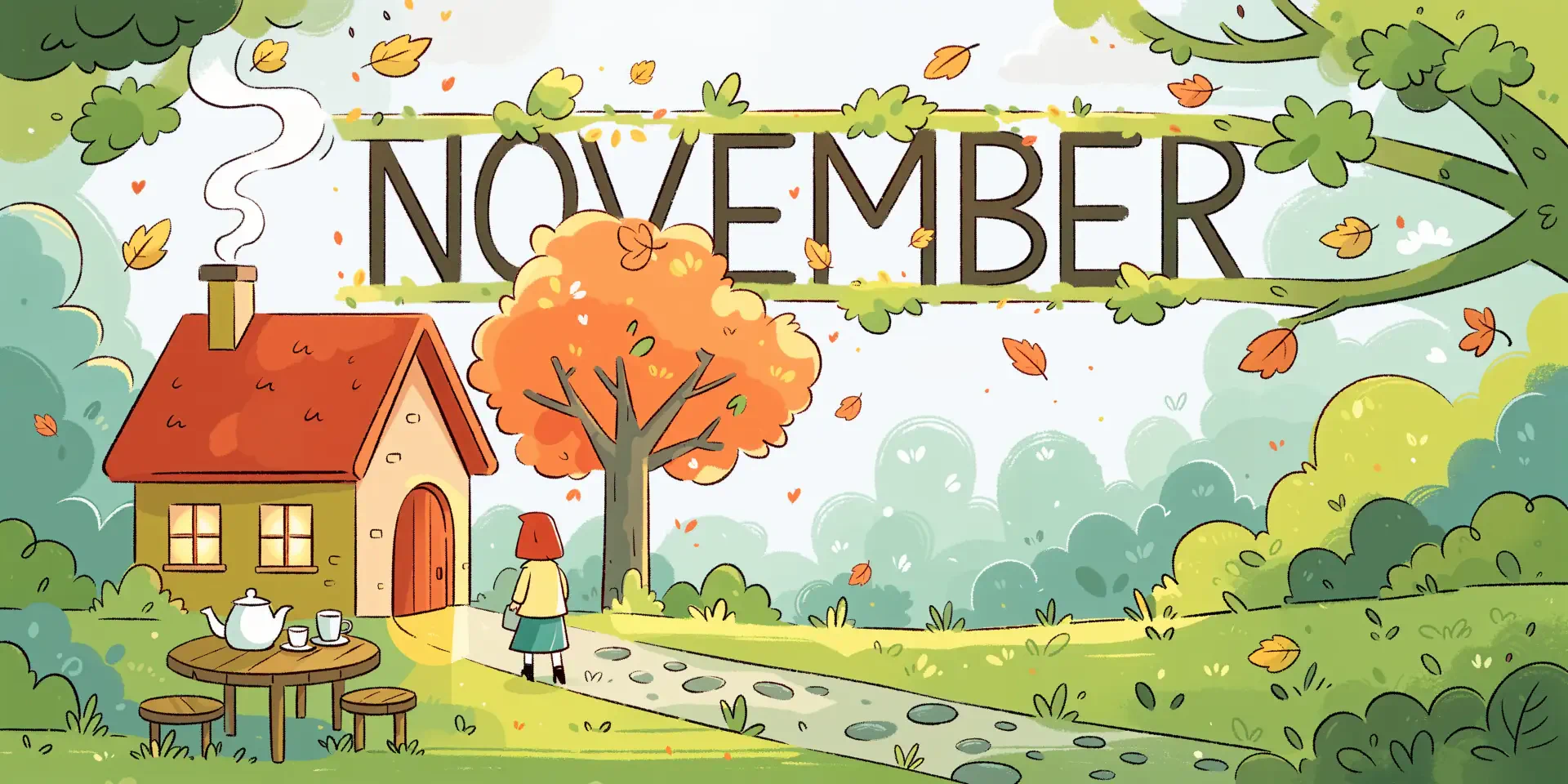 Illustrated November autumn village with falling leaves, a cozy cottage, and a child—4K Ultra HD PC desktop wallpaper and background.