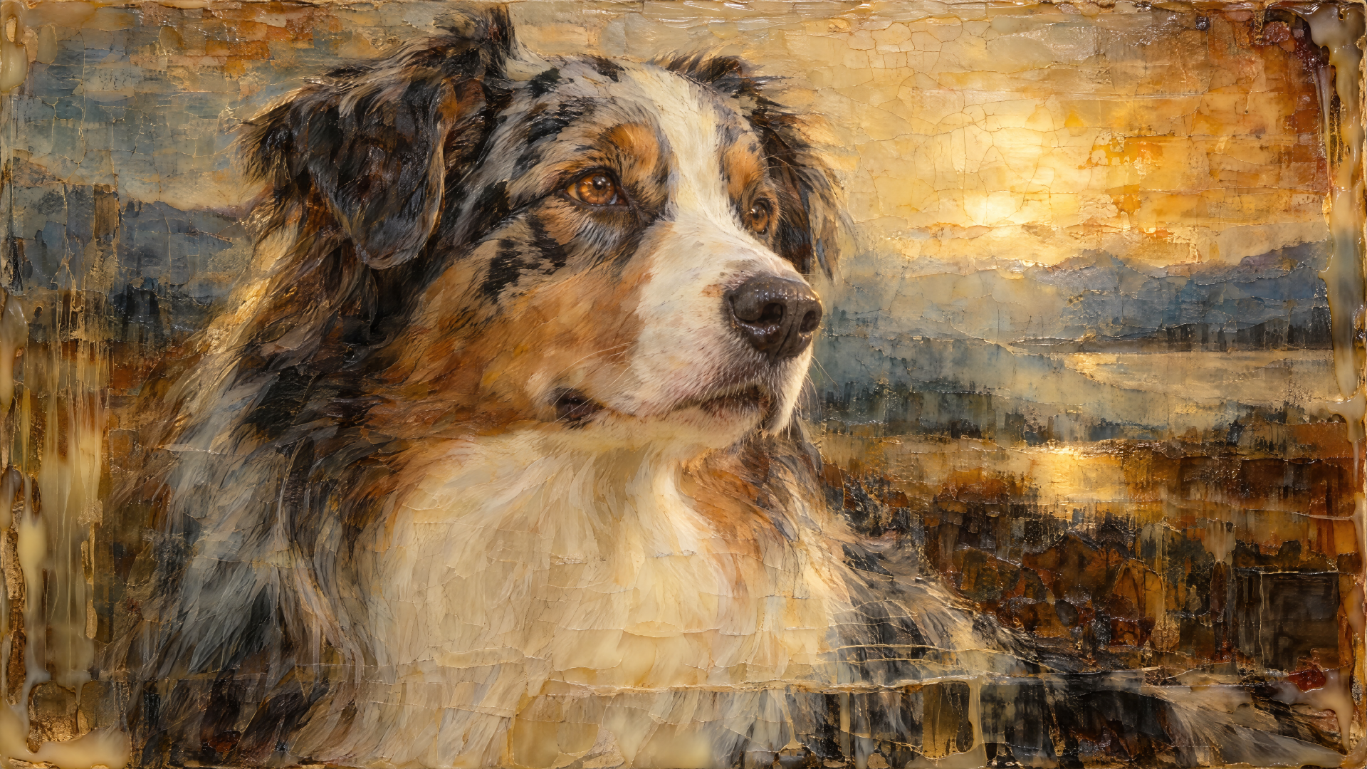 4K Ultra HD desktop wallpaper featuring a painted Australian shepherd gazing across a golden countryside.