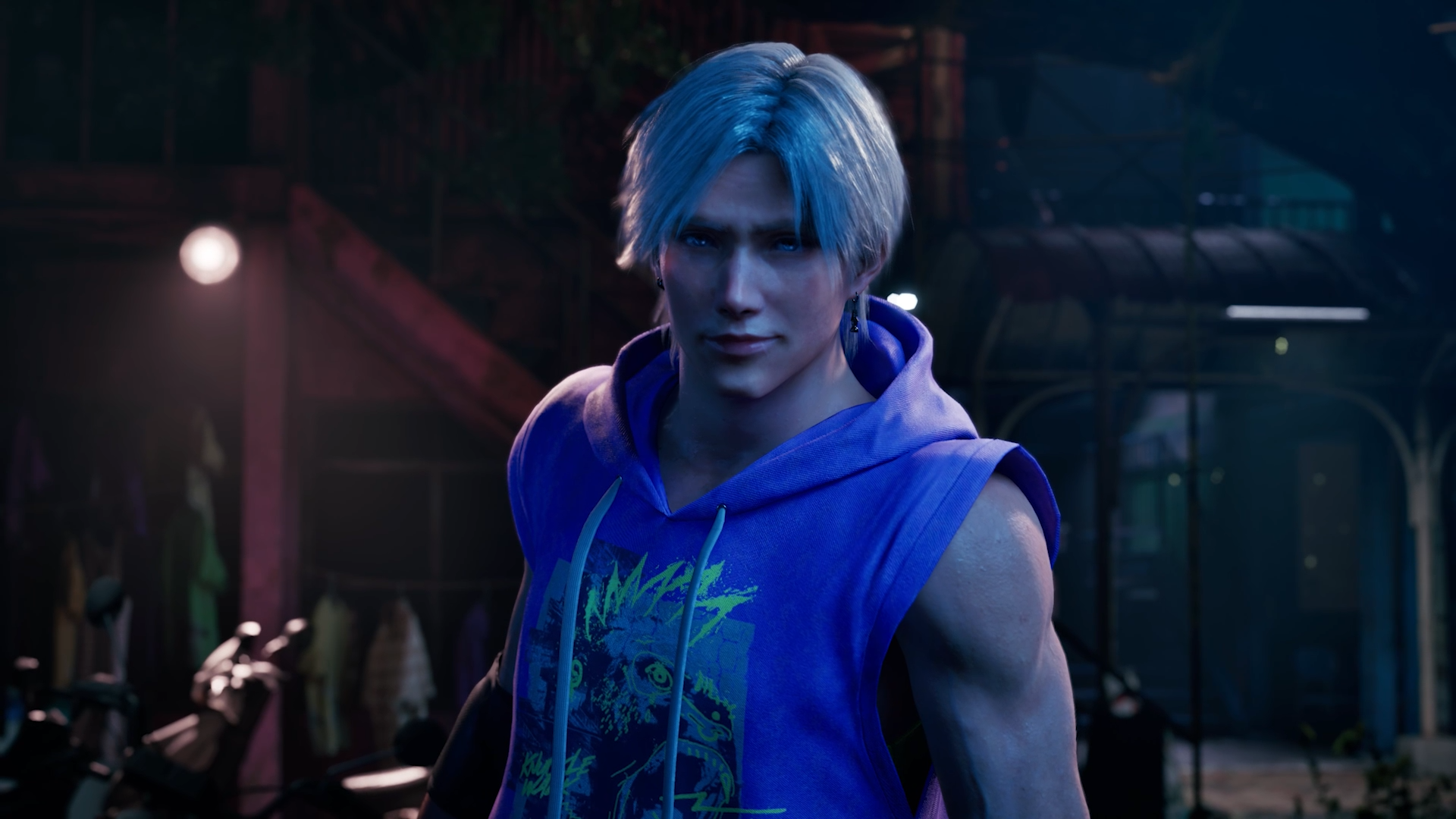 Virtua Fighter Crossroads HD PC desktop wallpaper featuring a blue-haired man in a sleeveless blue hoodie against a dark, atmospheric backdrop.
