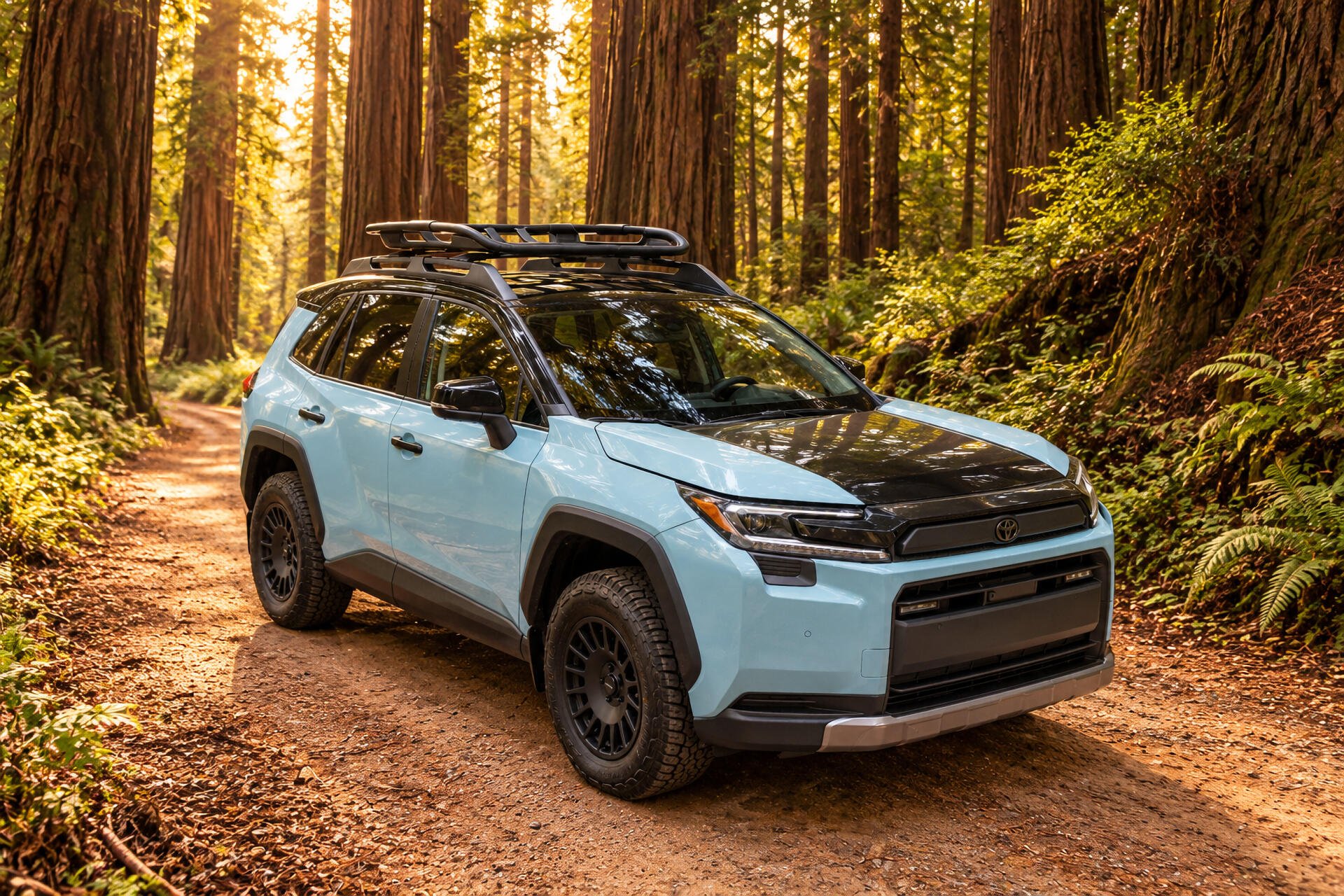 Toyota RAV4 Woodland Concept SUV parked on a forest trail, shown in a 2K Quad HD PC desktop wallpaper.