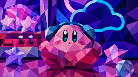 Low-poly Kirby in purple-pink geometric stars and clouds — 4K Ultra HD PC desktop wallpaper and background.