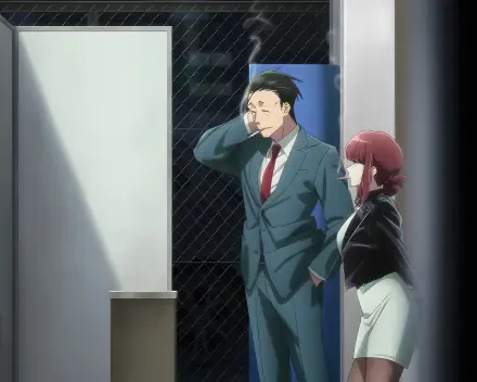 5K Ultra HD anime desktop wallpaper of Sasaki smoking and Yamada standing nearby from Smoking Behind the Supermarket with You, framed in a shop doorway.