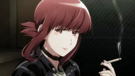 Anime HD PC desktop wallpaper: Yamada from Smoking Behind the Supermarket with You — red-haired woman in a choker and leather jacket, smirking as she smokes behind a supermarket at night.