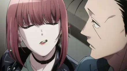HD PC desktop wallpaper: anime scene from Smoking Behind the Supermarket with You showing Yamada with a cigarette and Sasaki gazing at her, intimate close-up.