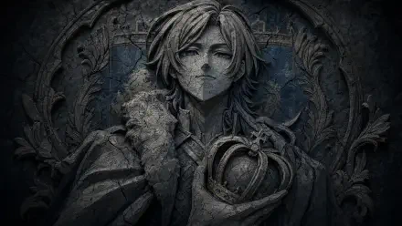 Stone relief of a regal youth clutching a crown amid ornate gothic carvings in moody blue-gray tones — 4K Ultra HD PC desktop wallpaper and background, tagged Miachael Kaiser