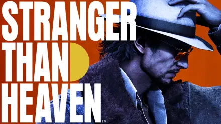 2K Quad HD PC desktop wallpaper for the video game Stranger Than Heaven: profile of a fedora-wearing, fur-collared man in sunglasses against an orange backdrop with bold white title text.