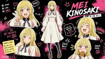 Mei Kinosaki anime 4K Ultra HD PC desktop wallpaper and background: collage of a blonde schoolgirl in multiple cheerful poses and expressions with pink doodles on a black backdrop.