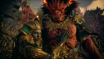 4K Ultra HD PC wallpaper from the video game God of War: Laufey in ornate gold armor embraces a towering red, horned warrior amid a shattered battlefield.