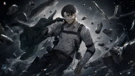 Levi Ackerman in Survey Corps gear, cloak billowing as he stands poised amid floating debris and gas canisters — dark, stormy 4K Ultra HD PC desktop wallpaper background.