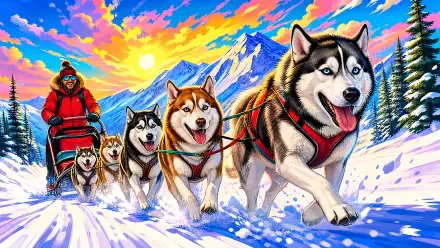 4K Ultra HD PC desktop wallpaper: a dog sled team of energetic huskies led by a musher racing across snow toward towering snowy peaks beneath a vivid sunrise sky.