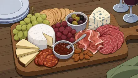 4K Ultra HD PC desktop wallpaper: illustrated charcuterie board with cheeses, cured meats, grapes, olives, crackers and jam on a wooden table.
