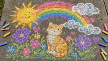 Sidewalk chalk scene: smiling sun, rainbow, clouds, hearts, colorful flowers and a content orange tabby cat — 4K Ultra HD PC desktop wallpaper and background.