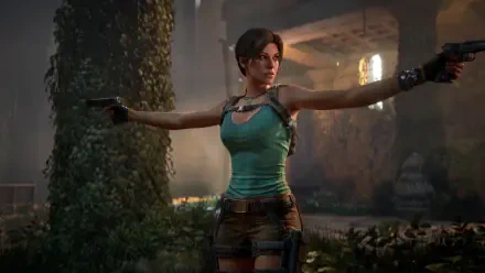 Lara Croft (Tomb Raider: Legacy of Atlantis) fires twin pistols amid overgrown ancient ruins — 4K Ultra HD PC desktop wallpaper.