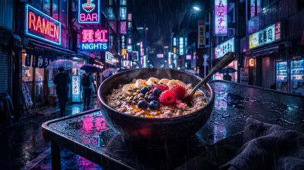 Oatmeal bowl with raspberries, blueberries and nuts on a wet table in neon-lit city streets, 5K Ultra HD PC Desktop Wallpaper and Background.