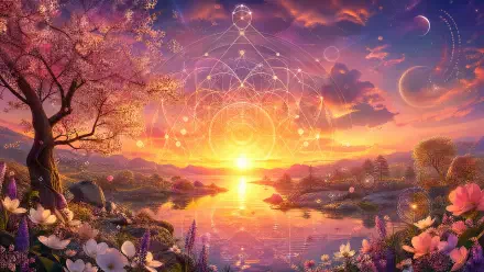 4K Ultra HD PC desktop wallpaper: spring sunset over a tranquil lake framed by cherry blossoms, glowing geometric light pattern in the sky, vivid pink, orange and purple hues.