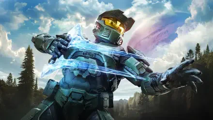 4K Ultra HD PC desktop wallpaper of the video game Halo: Campaign Evolved: Master Chief in green armor unleashing an energy shield with forested mountains and a dramatic cloudy sky.