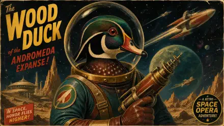 Retro sci‑fi illustration of a wood duck astronaut holding a ray gun on an alien landscape — 4K Ultra HD PC desktop wallpaper and background.