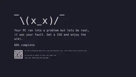 Minimalist dark digital art landscape HD PC desktop wallpaper — digital painting/illustration artwork showing an ASCII dead-face ¯\_(x_x)_/¯ with mock error text, progress percentage and QR code.