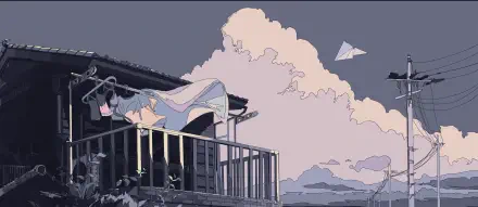 Digital art, digital painting illustration: pastel landscape artwork of a girl leaning from a balcony toward paper planes and clouds — 4K Ultra HD PC desktop wallpaper background.