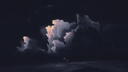 4K Ultra HD digital painting landscape wallpaper showing a moody night sky with glowing pink-tinged clouds above a dark sea — illustration artwork for PC desktop background.