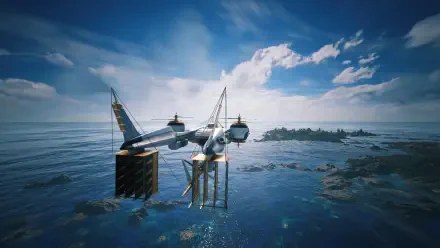 Video game 4K Ultra HD PC desktop wallpaper: Final Fantasy VII Revelation — a sleek airship flies over a sunlit ocean toward rocky islands.