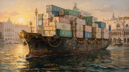 Container ship laden with colorful containers gliding past ornate Venetian-style waterfront at sunset — 4K Ultra HD PC desktop wallpaper/background.