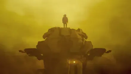 4K Ultra HD PC desktop wallpaper from the video game gen ATLAS: lone figure standing on a massive spacecraft in yellow haze.