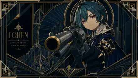 Lohen (Genshin Impact) 4K Ultra HD PC desktop wallpaper: teal-green haired character aiming a large rifle against an ornate navy and gold art-deco background.