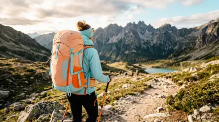 Backpacking hiker with orange pack on a mountain trail toward jagged peaks and alpine lakes — 5K Ultra HD PC desktop wallpaper and background.