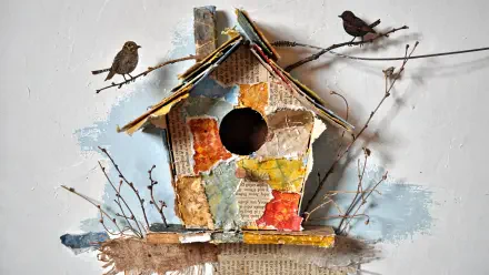 Colorful patchwork bird house on a textured wall with small perching birds and twigs — 4K Ultra HD PC desktop wallpaper and background.