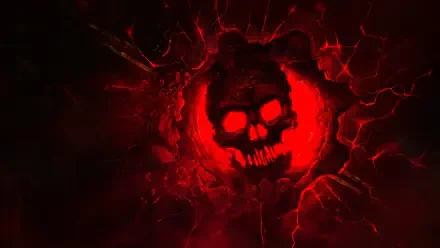 Gears of War: E-Day, Gears of War — red COG skull emblem erupting from a cracked black surface, blood-red energy veins radiating outward; 4K Ultra HD PC desktop wallpaper background.