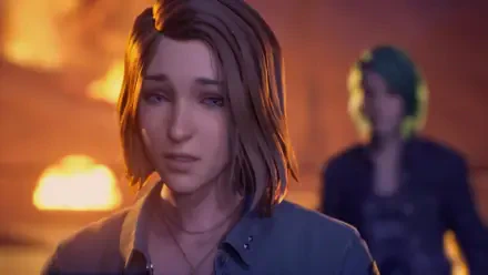 Distressed young woman bathed in warm firelight, a blurred teal‑haired figure stands behind her — Life Is Strange: Reunion 4K Ultra HD PC desktop wallpaper/background.