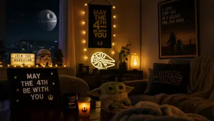 Star Wars bedroom vignette with Grogu plush, Death Star outside the window and lit May the 4th be with you signs — 4K Ultra HD PC desktop wallpaper and background.