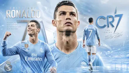 4K Ultra HD PC desktop wallpaper of a male football star in a light-blue kit: central close-up portrait flanked by celebration and walking-away action against a dynamic stadium backdrop.