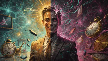 Surreal split-portrait of a man—left radiant, right corrupted—amid floating clocks, playing cards and shattered fragments; 4K Ultra HD PC Desktop Wallpaper and Background.