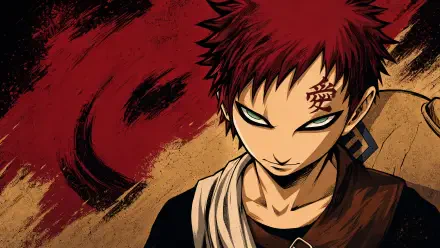 Gaara (Naruto) close-up: cold, intense teal eyes and 愛 kanji on his forehead with red sand swirling behind — 4K Ultra HD PC desktop wallpaper.