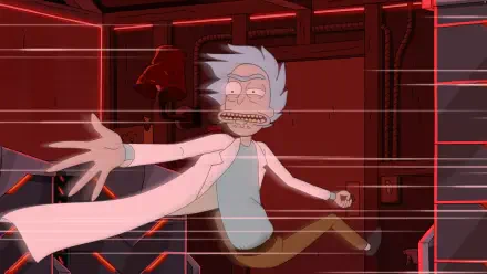 TV show Rick and Morty (season 9) HD PC desktop wallpaper: Rick lunges through a red-lit sci-fi chamber, lab coat flying, pink laser grid streaks across the frame.