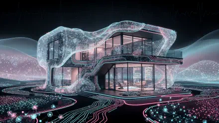 Futuristic glass dream home wrapped in glowing digital mesh, neon circuits and holographic landscaping — 4K Ultra HD PC desktop wallpaper and background.