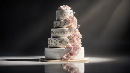 4K Ultra HD PC desktop wallpaper of a four-tier white wedding cake with cascading pink sugar roses and gold filigree, softly lit on a reflective surface.