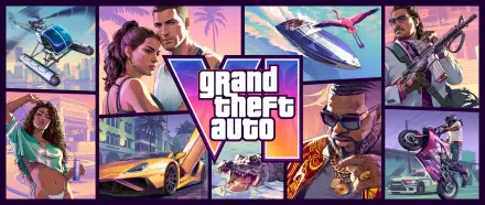 HD PC desktop wallpaper of the video game Grand Theft Auto VI, colorful collage of characters, a sports car, speedboat and all against a tropical neon sunset cityscape