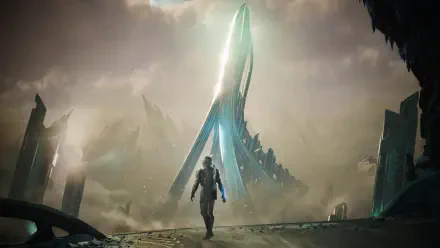 Exodus (2027 video game) 4K Ultra HD PC desktop wallpaper/background: lone armored figure approaches a towering alien spire through misty, ruined landscape beneath a stormy sky.