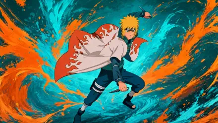 Minato Namikaze in a dynamic pose with his white cloak and kunai, vibrant teal and orange swirls behind him — 4K Ultra HD PC desktop wallpaper and background.