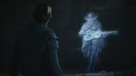 4K Ultra HD PC desktop wallpaper from the video game Exodus (2027): a lone character watches a blue holographic musician strumming a guitar in a dim, futuristic room.