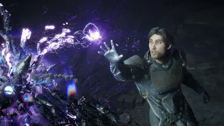4K Ultra HD PC desktop wallpaper from video game Exodus (2027): armored protagonist reaches toward swirling purple energy and crystalline shards.