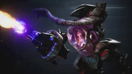 Exodus (2027) video game 4K UHD PC desktop wallpaper: armored alien mech fires a glowing purple energy cannon amid motion blur.