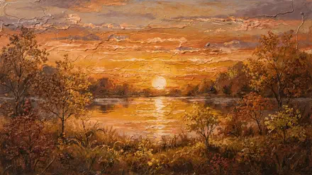 4K Ultra HD PC desktop wallpaper — fall sunset over a still lake, warm golden-orange sky mirrored in water, framed by trees and autumn brush.